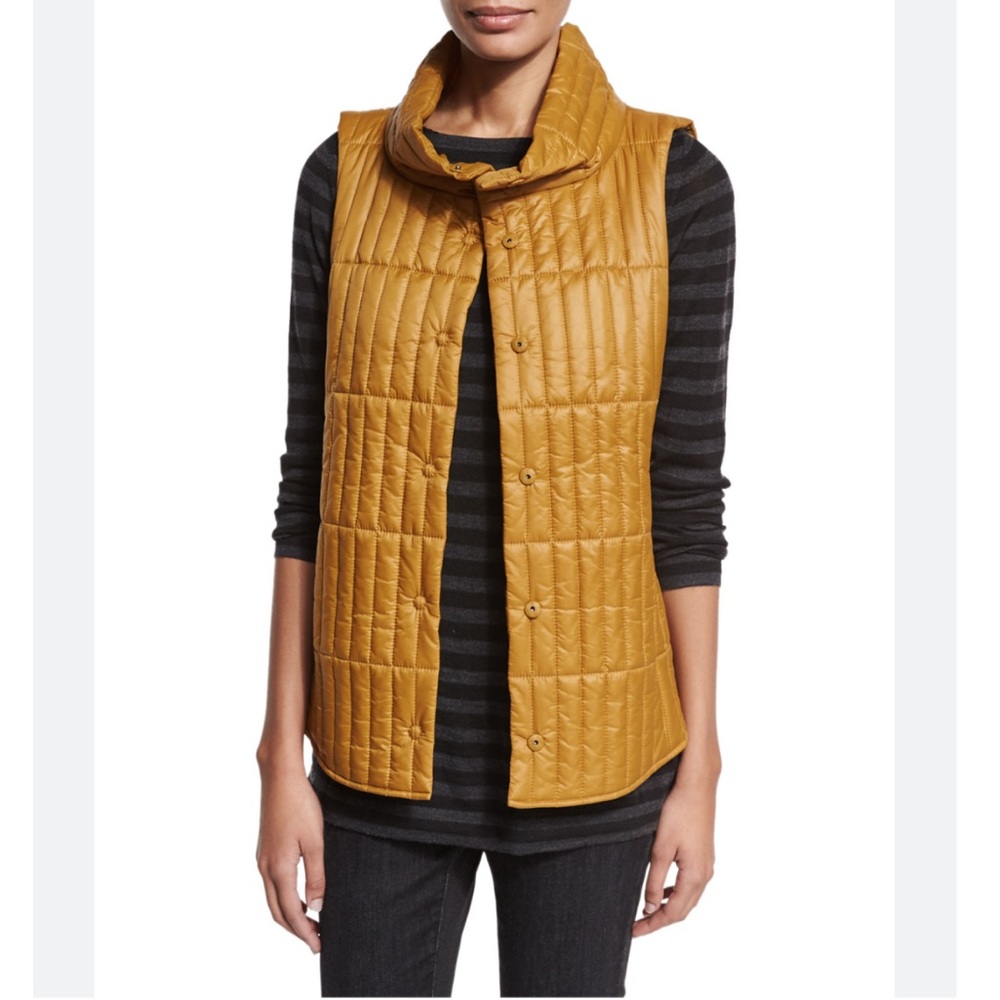 Eileen Fisher Snap Button Front Puffer Quilted Stand-Collar Vest Arnica Yellow